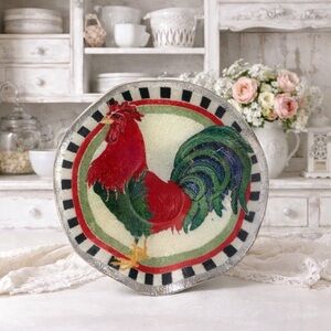 Glass Rooster Bowl Peggy Karr Signed Ruffled Edge Checker Trim Folk Art Decor
